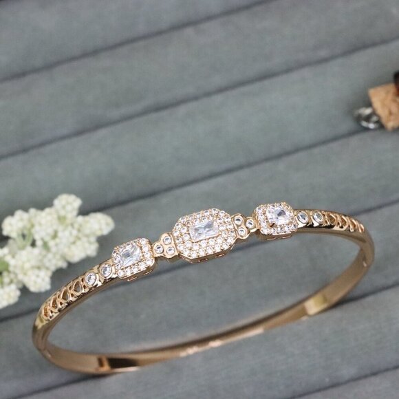 Elegant Rose Gold Bangle with Rectangle and Round Stone Design, XPBL0518 - Picture 1 of 12